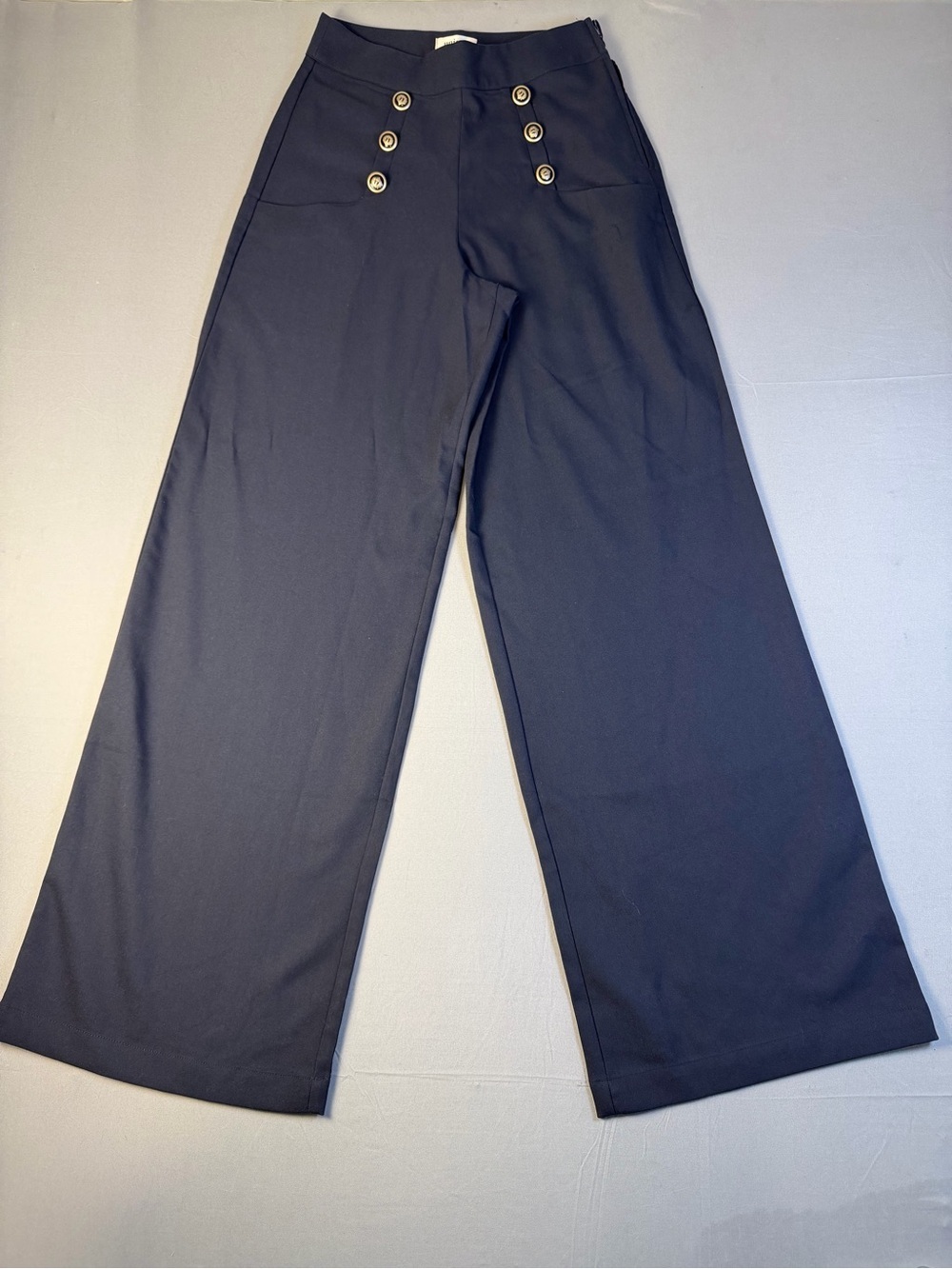 Unique Vintage Navy High-Waist Trousers with Nautical Sailor Buttons Size 4
